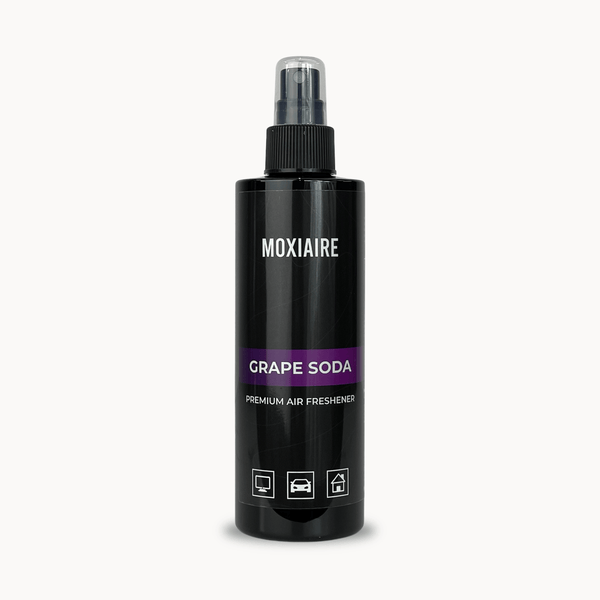 Moxiaire grape soda air freshener spray bottle on a white background
